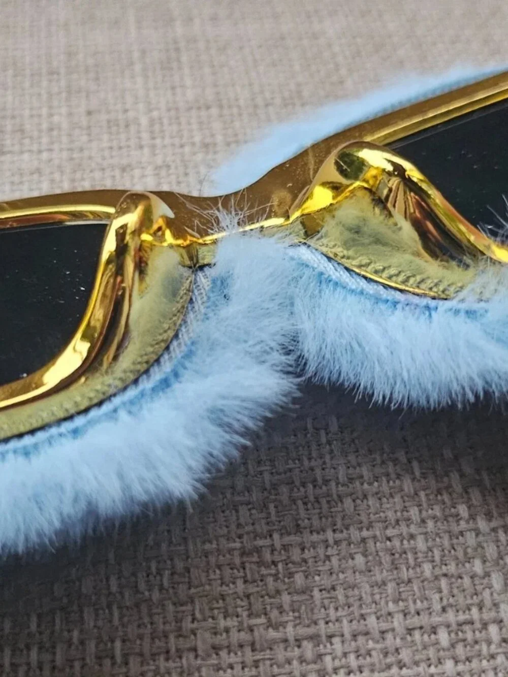 Women Sunglasses Blue Fuzzy Faux Furry Plush Gold Tone Temple Funky Eyewear